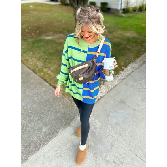 Womens Knitted Crew Neck Sweater Color Block Long Sleeve Lightweight Casual - Picture 5 of 5